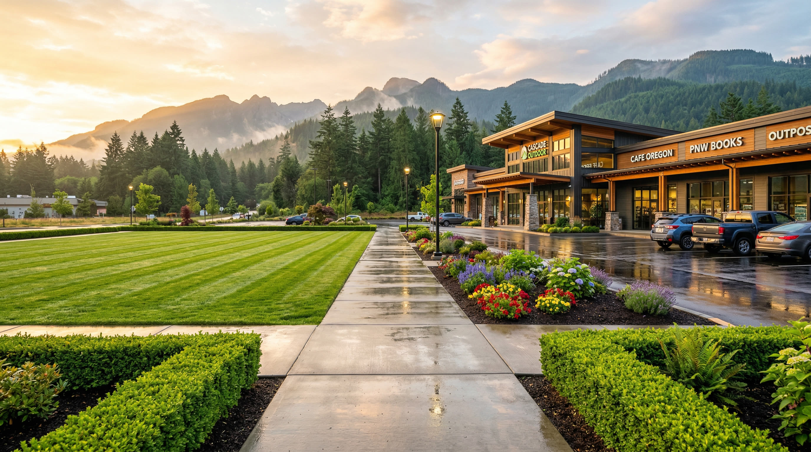 Pristine commercial property maintained by ManageMowed in the Snohomish County