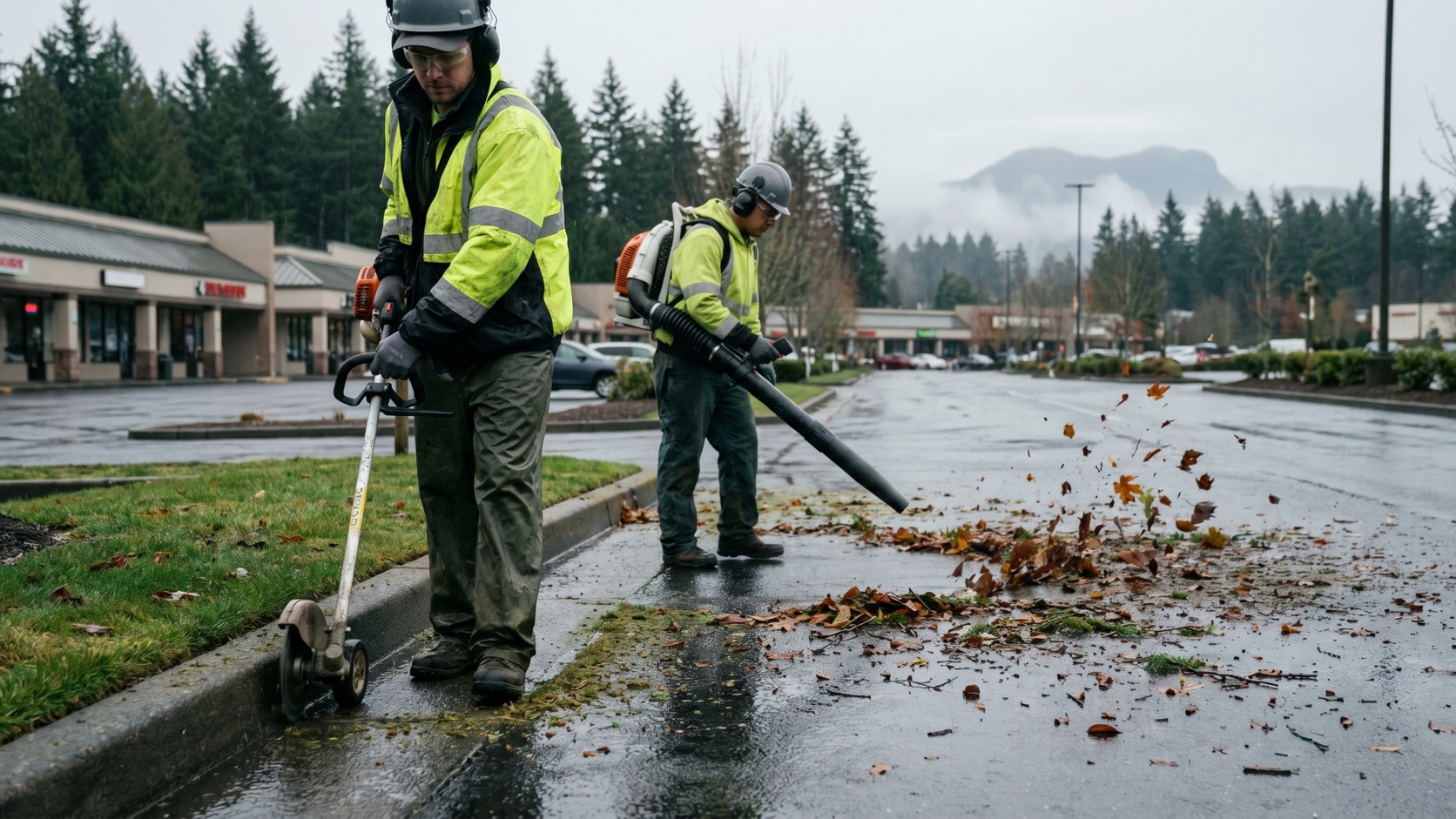 ManageMowed crew edging and blowing a retail center landscape on a Snohomish commercial corridor with evergreen Cascade foothills behind